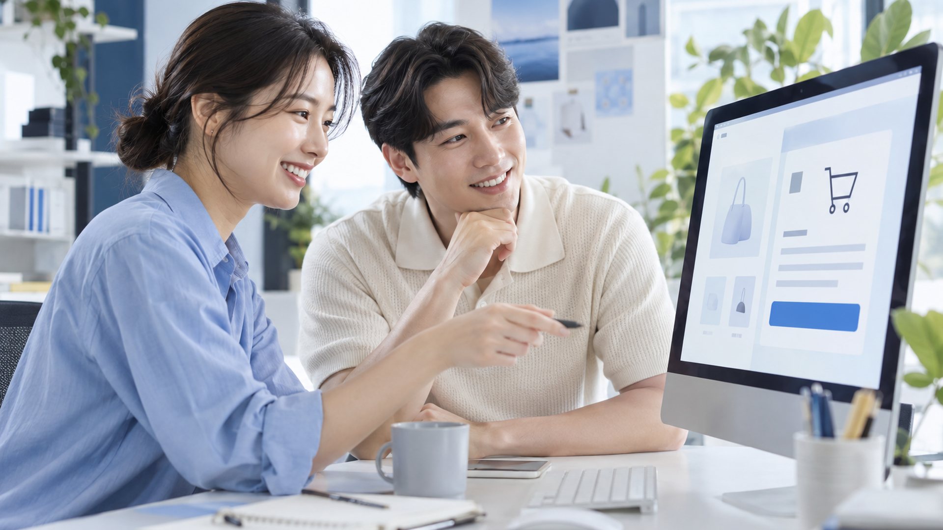 두 사람이 온라인 쇼핑몰 화면을 보며 이야기하는 장면(연출 사진)