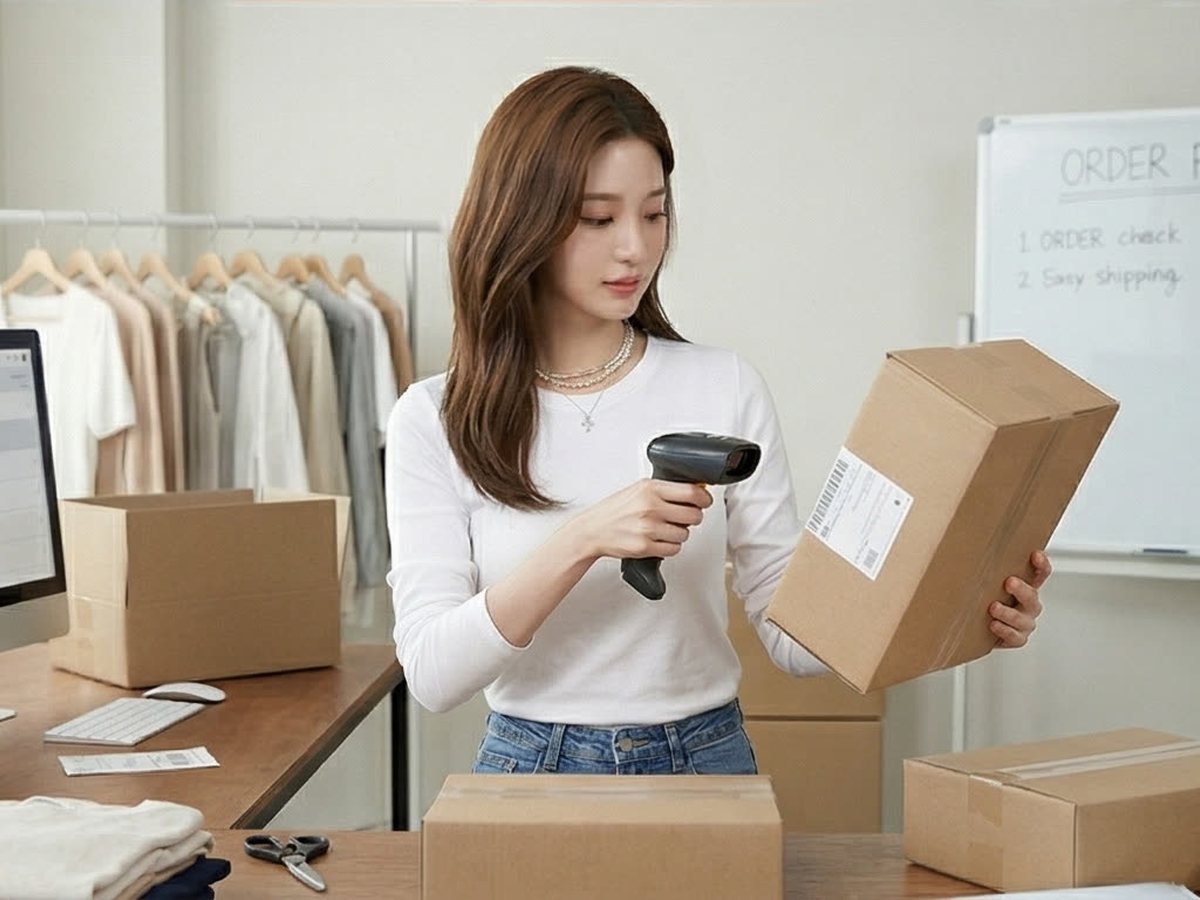 여성이 상자의 바코드를 스캔하며 주문을 정리하는 장면(연출 사진)